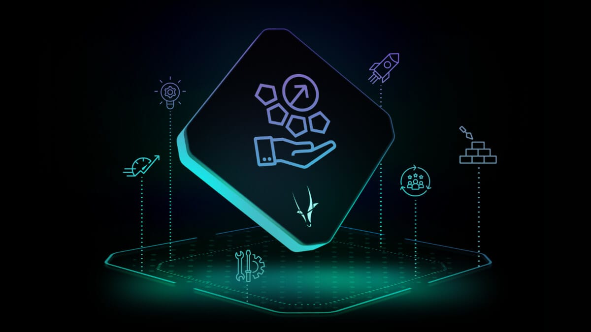 Illustration showing a hand holding hexagons with an upward arrow, symbolizing Spryker services, surrounded by icons of technology, innovation, and automation on a dark background.