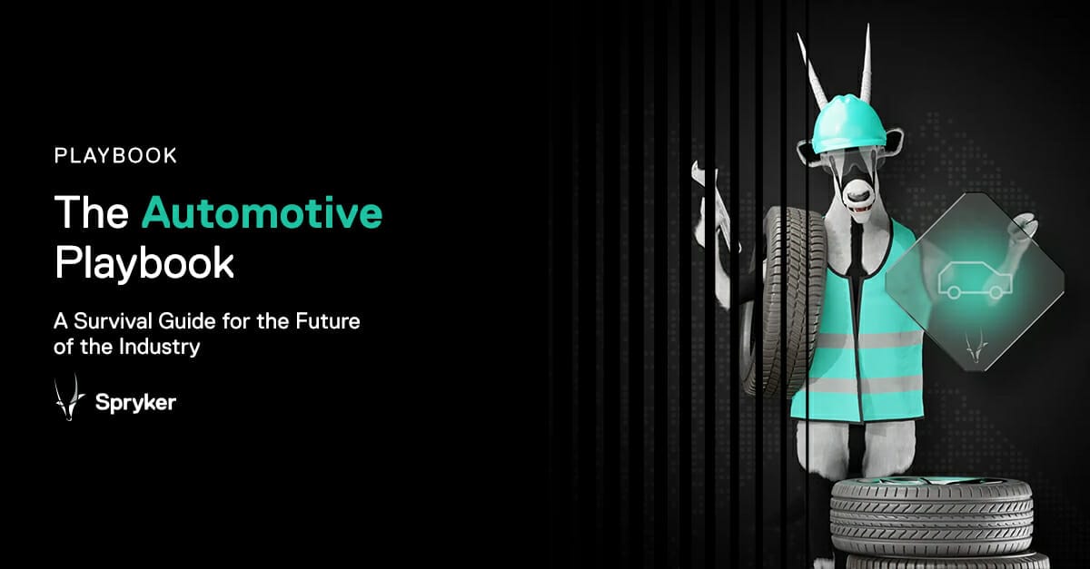 A goat wearing safety gear and holding tires stands next to text reading "The Automotive Playbook: A Survival Guide for the Future of the Industry" and the Spryker logo, showcasing an engaging take on the automotive playbook theme.