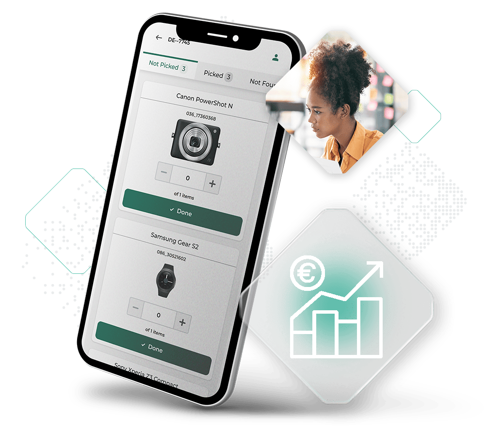 A smartphone screen showcases an inventory management app featuring camera and watch products, accompanied by an inset of a person examining a screen and an icon of a financial upward trend chart. The app supports Buy Online Pick-up in Store to streamline the shopping experience.