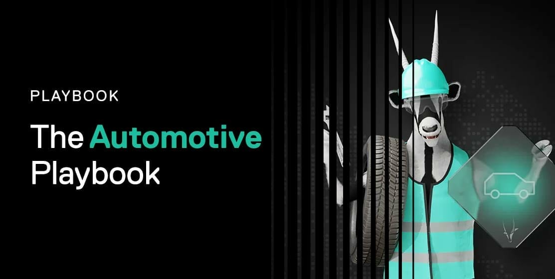 Cover image for "The Automotive Playbook," featuring an illustration of a goat wearing a green hard hat and vest, holding a tire and a digital interface with a car icon.