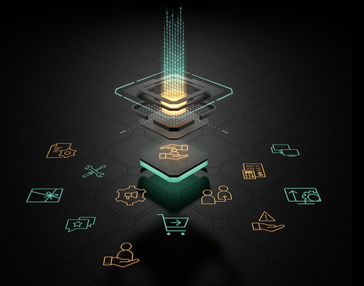 Illustration of a futuristic digital platform built with the Spryker tech stack, featuring interconnected symbols for shopping, settings, document management, user profiles, charts, and more, representing a cohesive and integrated system.