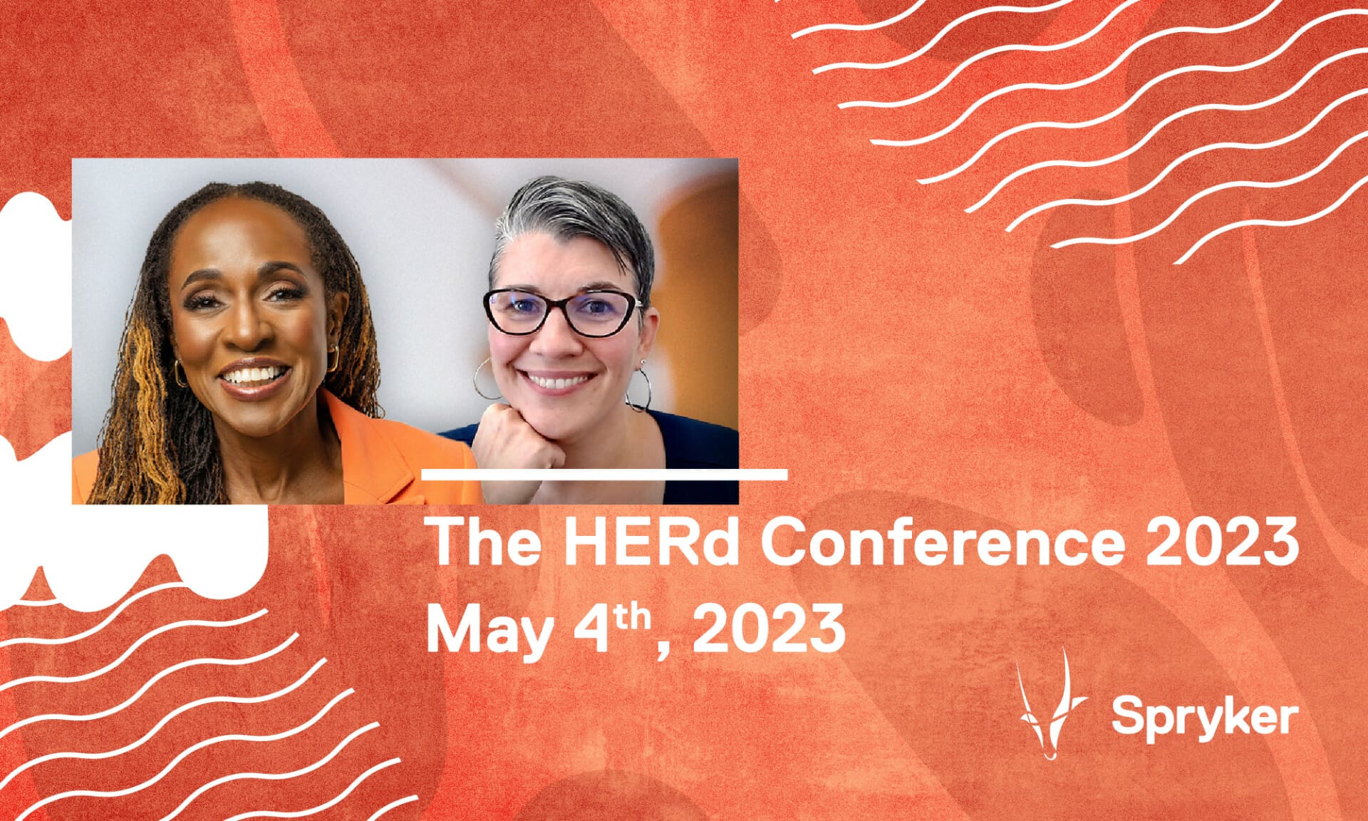 Two individuals smile at the camera against an orange-red background, next to the text: "The HERd Conference 2023, May 4th, 2023, Spryker. Discover the HERd Conference 2023 takeaways.