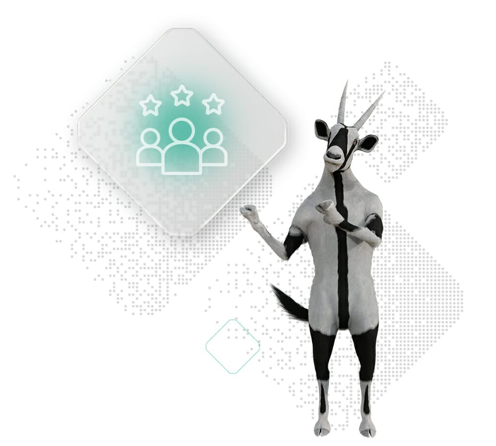 A black and white goat stands on its hind legs pointing towards an icon depicting three people and three stars, symbolizing digital transformation. The background features abstract, dotted design elements.