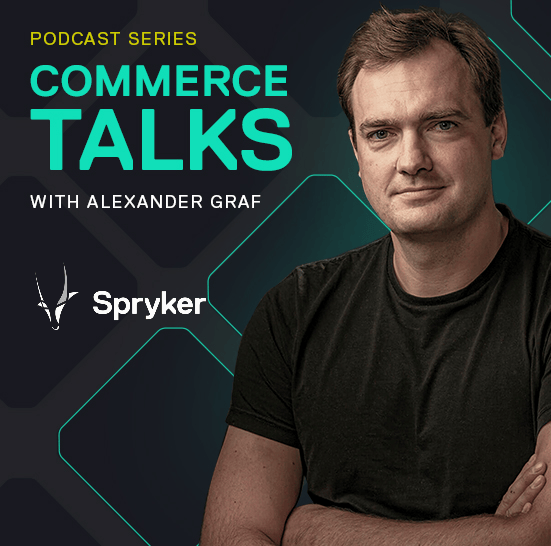 A man in a black t-shirt is featured in a promotional image for the "Commerce Talks" podcast series with Alexander Graf, presented by Spryker, highlighting insightful recordings.