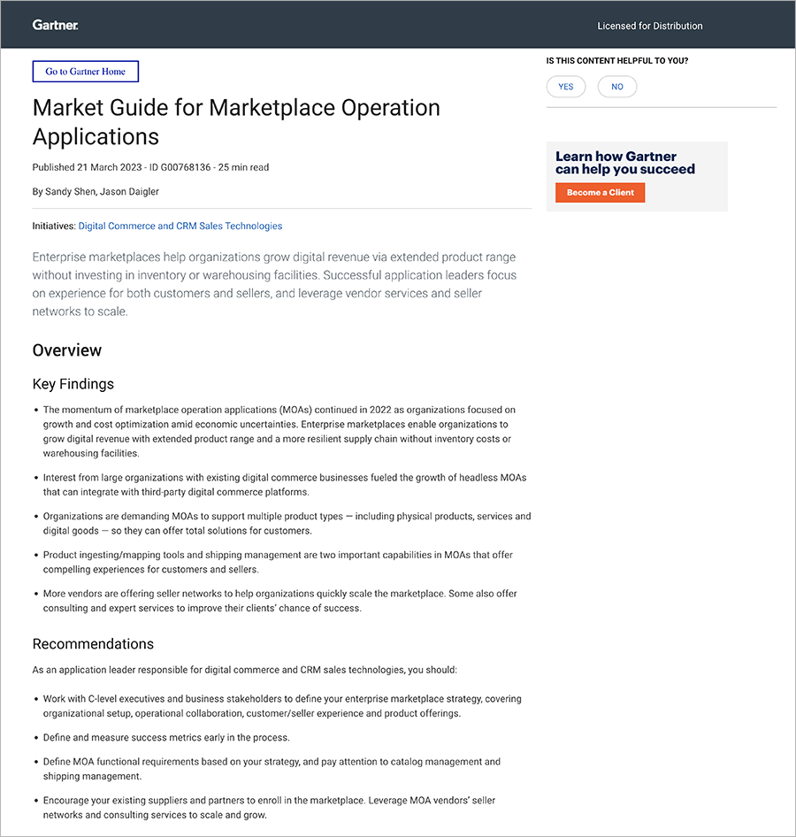 Screenshot of a Gartner report titled "Gartner Market Guide for Marketplace Operation Applications" by Sandy Shen and Jason Daigler. It covers key findings and recommendations for digital commerce and CRM sales technologies.