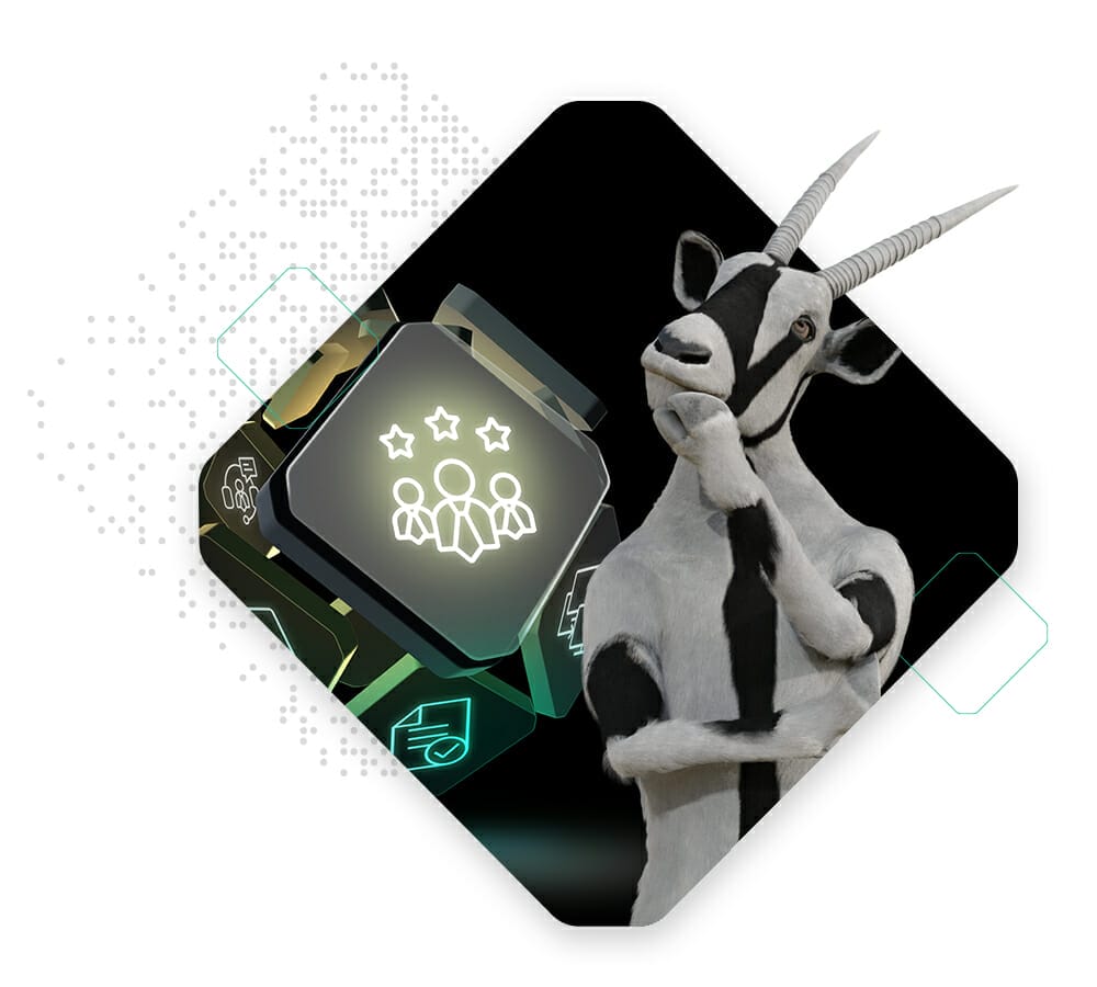 An anthropomorphic goat in a thinking pose stands beside an illuminated cube featuring a three-star rating above three human icons, illustrating b2b ecommerce dynamics.