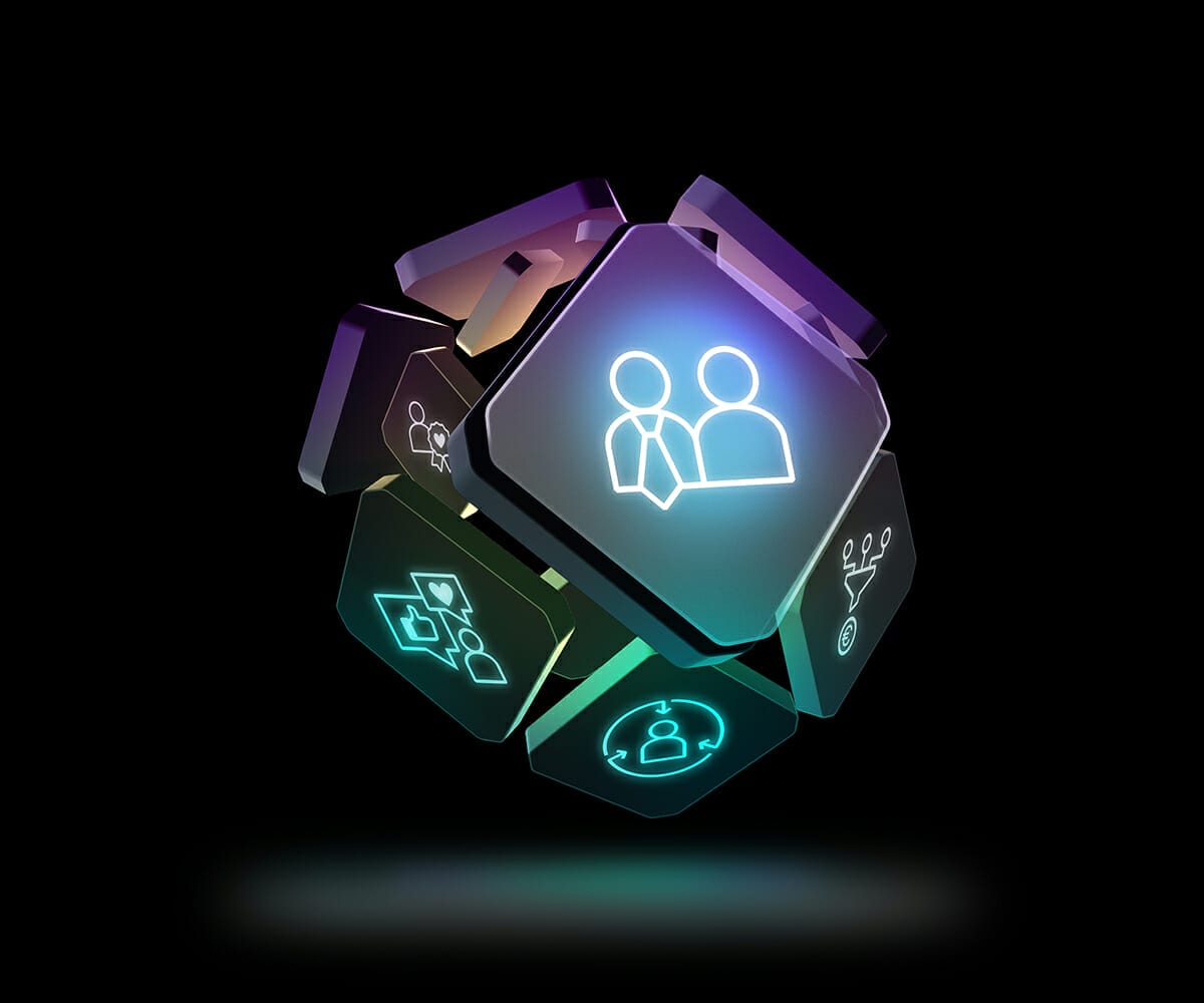 A glowing, multicolored 3D cube comprising smaller cubes displays various icons, including people, a network, and data symbols against a black background, seamlessly integrating elements of a B2B suite.