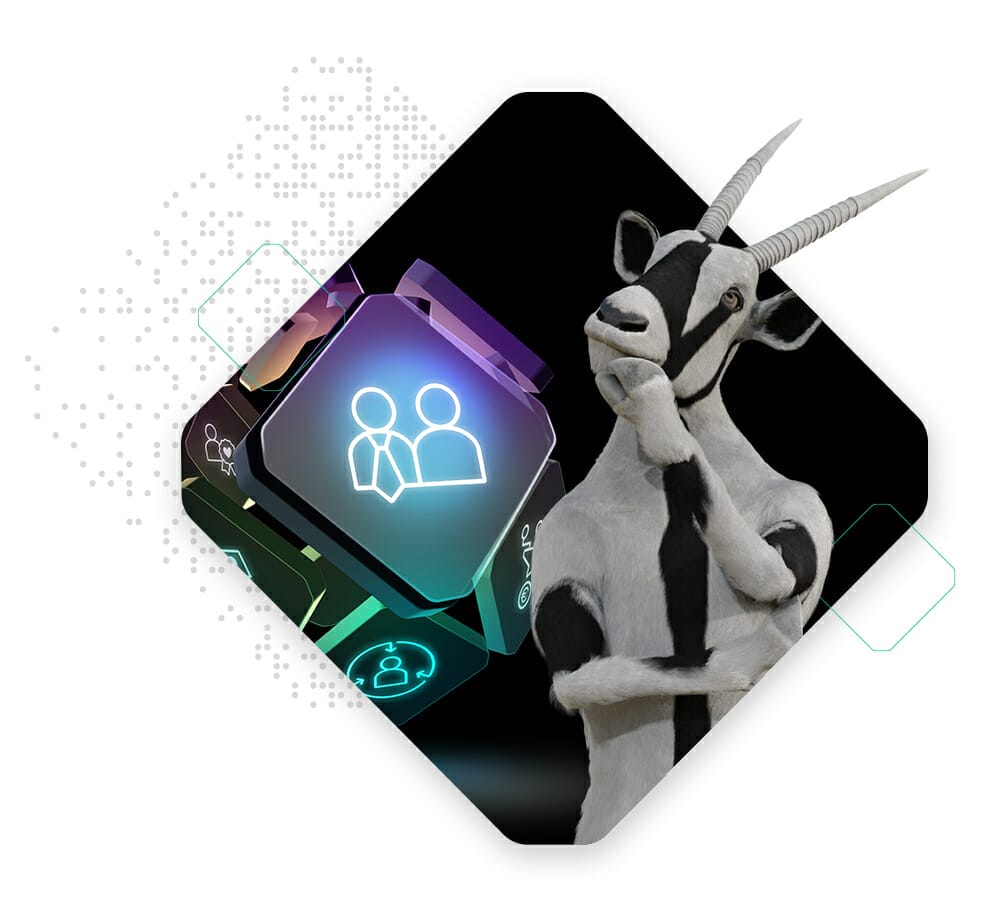 An anthropomorphic goat in a pondering pose stands next to glowing icons depicting people, connections, and elements of a b2b suite.