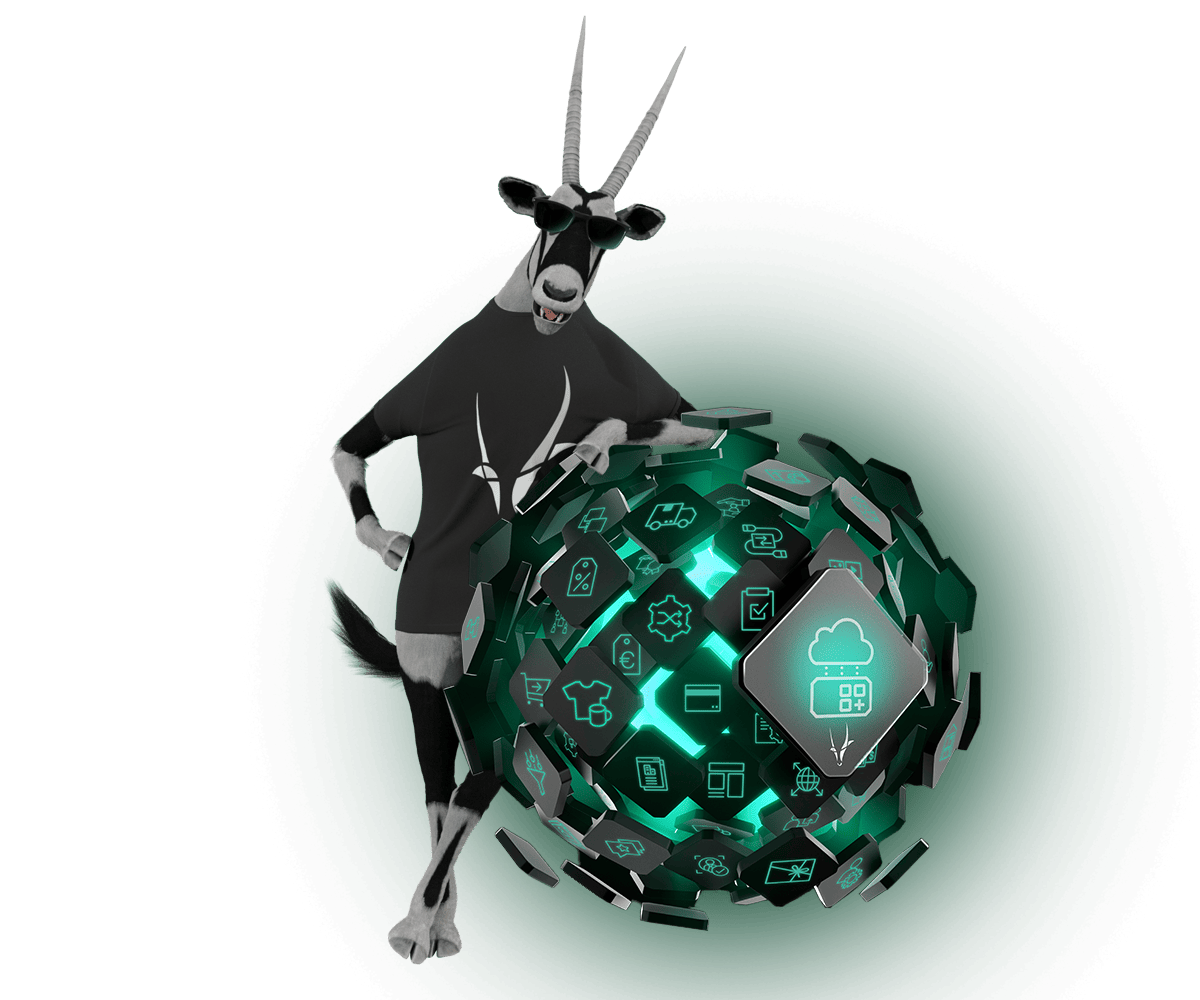 A standing animated gazelle in a black t-shirt poses next to a glowing green orb consisting of interconnected tech icons, including a cloud symbol at the forefront, representing digital transformation.
