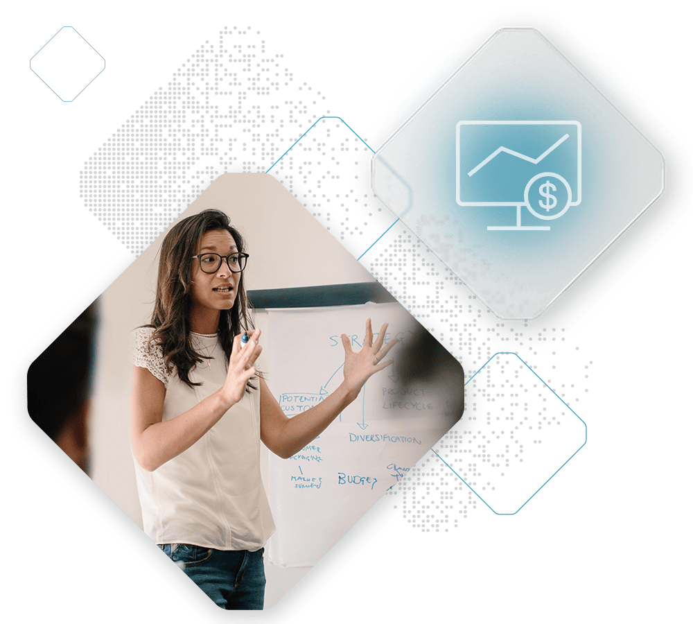 A woman giving a presentation in front of a whiteboard with diagrams, illustrating the benefits of Spryker Marketplace, accompanied by a graphic of a computer screen displaying a rising graph and a dollar symbol.