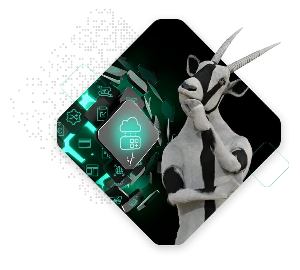 A goat, depicted in an anthropomorphic style, stands thoughtfully amidst a background of digital icons and cloud computing imagery, symbolizing digital transformation.