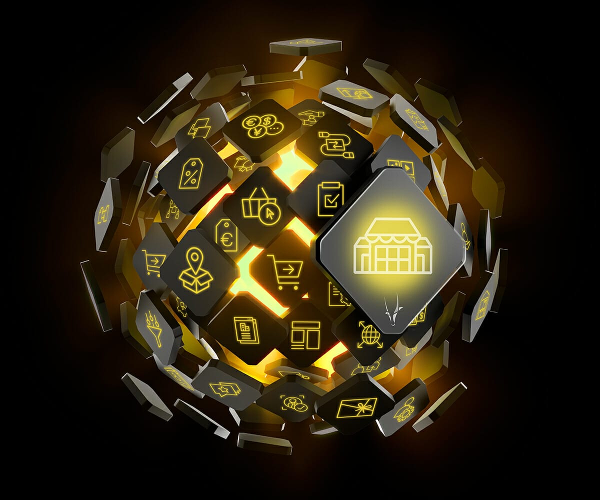 A spherical formation of dark blocks with glowing yellow icons representing various unified commerce concepts—including shopping carts, gears, and location markers—on a black background.