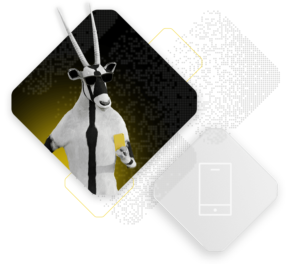 Abstract illustration: a stylized antelope wearing sunglasses and holding a smartphone against a geometric background, reflecting the theme of unified commerce, adjacent to an icon of a smartphone on a hexagonal shape.