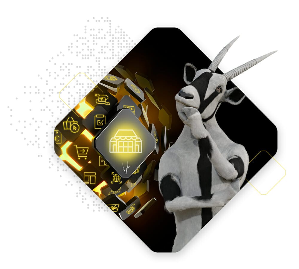 Anthropomorphic goat in a thoughtful pose next to a futuristic hexagonal pattern with technology icons, indicating themes of innovation, unified commerce, and digital transformation.