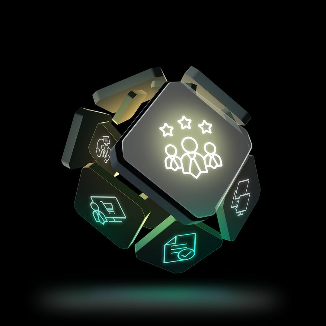 A 3D cube with icons on its faces representing business concepts, such as teamwork, documents, graphs, and checkmarks, glowing against a black background—perfect for a commerce platform.