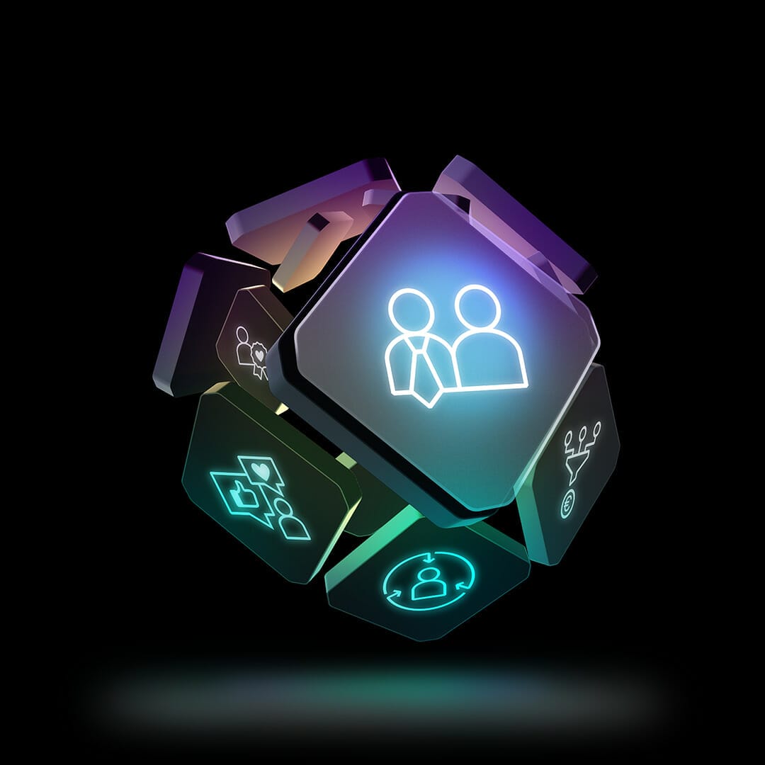 A 3D cube with neon-lit icons representing teamwork, communication, connectivity, and various technological themes on its faces, floating against a black background, embodies the dynamism of a modern commerce platform.