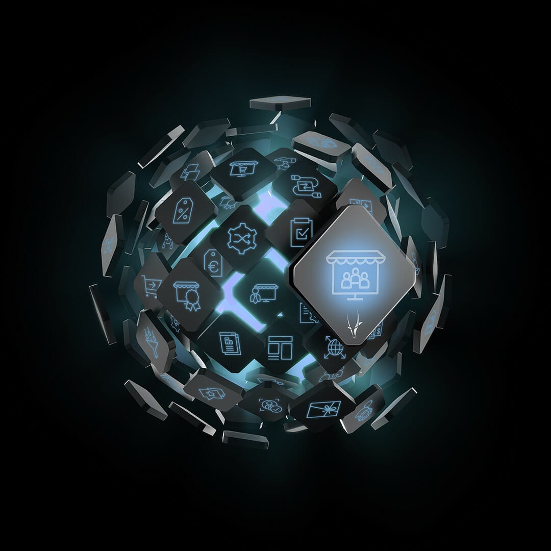 A 3D spherical structure with floating hexagonal tiles displaying various technology and business icons on a dark background, resembling a dynamic commerce platform.