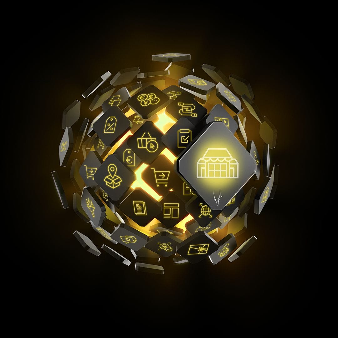 A glowing spherical shape with various yellow technology and e-commerce icons on dark hexagonal panels, all representing an advanced commerce platform, set against a dark background.