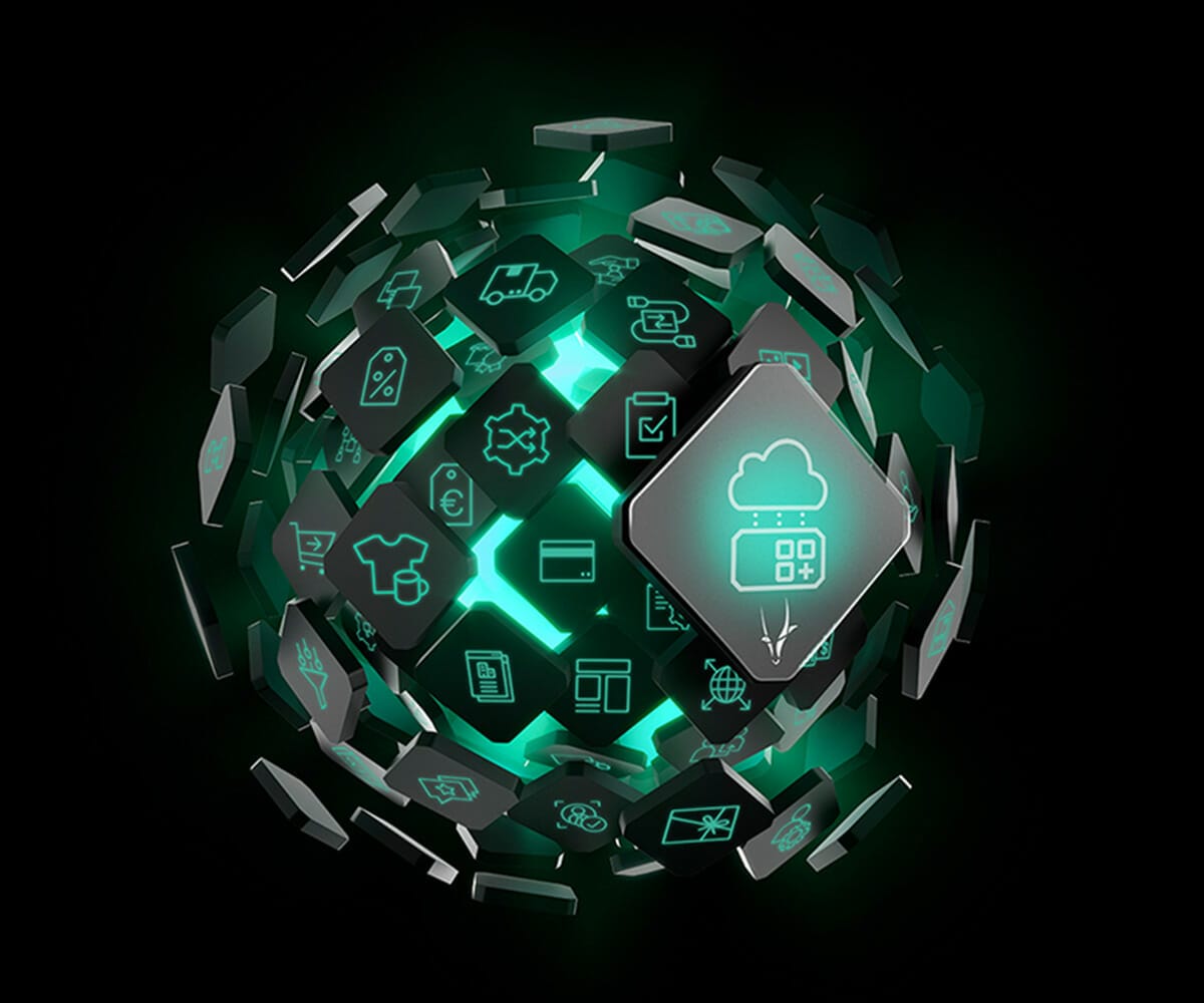 A 3D spherical digital network of floating dark tiles, each displaying various glowing green technology icons, set against a black background, transforms into a vibrant commerce platform.