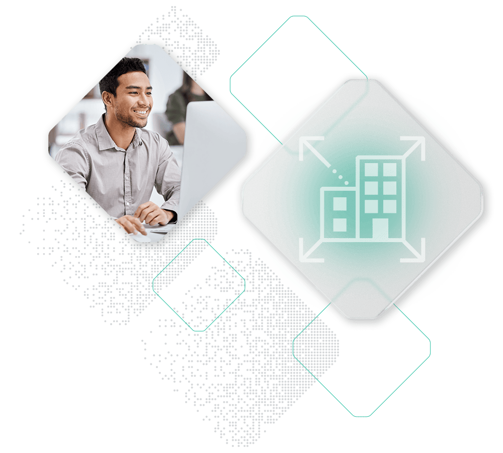 A person smiling while working on a laptop, next to an icon of a building and arrows indicating business expansion. Geometric shapes and pixelated graphics surround the images, highlighting the commerce benefits of technology.