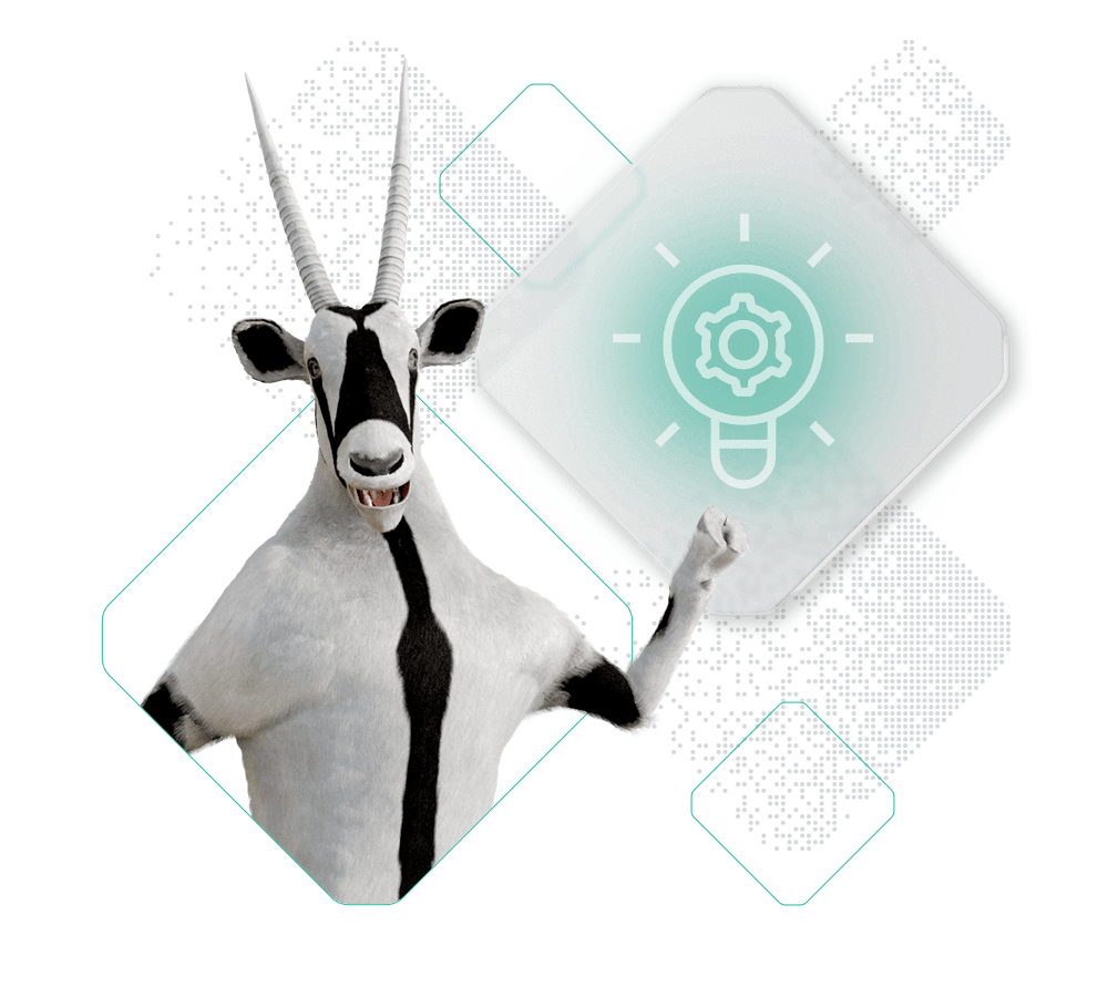 A cartoon oryx stands on its hind legs, smiling and pointing to a lightbulb icon with a gear inside, symbolizing an idea. Floating squares with pixelated patterns surround the image, representing the benefits of innovative commerce in business.