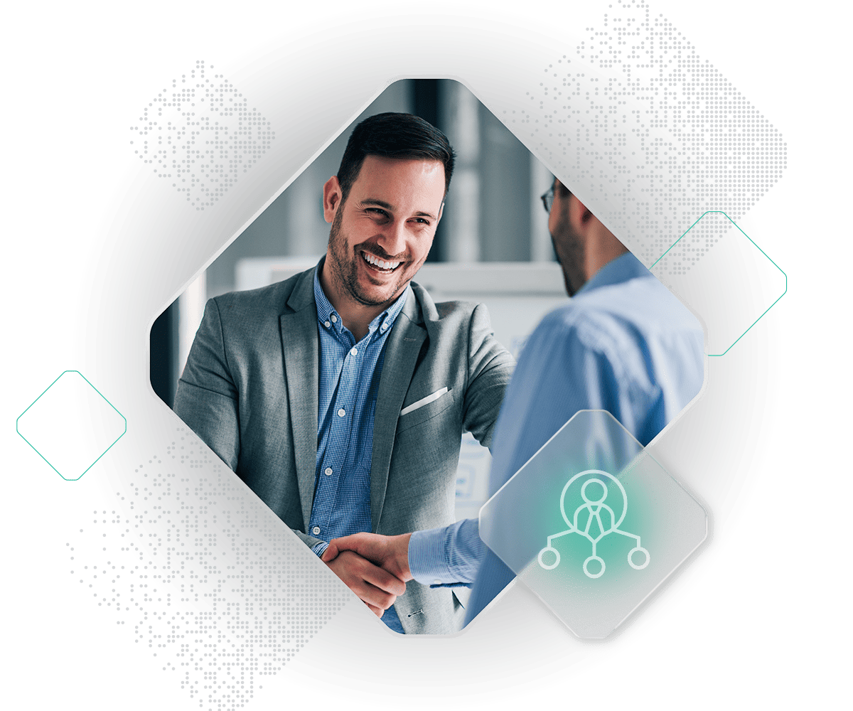 Two men in business attire shake hands, with one smiling. The image is framed with geometric shapes and digital pattern overlays, highlighting the benefits of commerce and business collaboration.