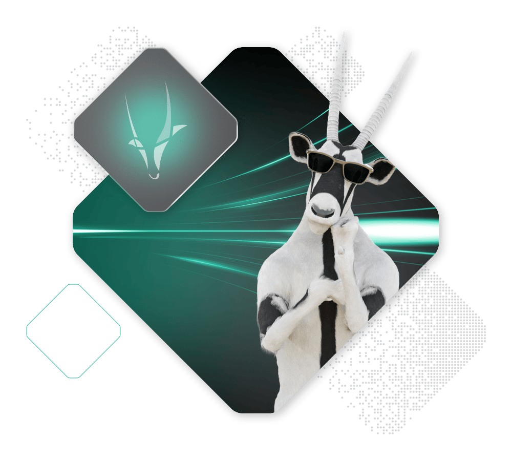 A cartoon oryx wearing sunglasses stands in front of a futuristic background with light streaks, highlighting the commerce benefits. A separate graphic of an oryx head hovers above, adding a touch of business flair.