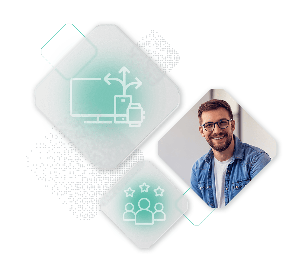 Abstract illustration with interconnected devices icon and group icon beside a person smiling, all enclosed in overlapping geometric shapes on a digital background, highlighting IT benefits.
