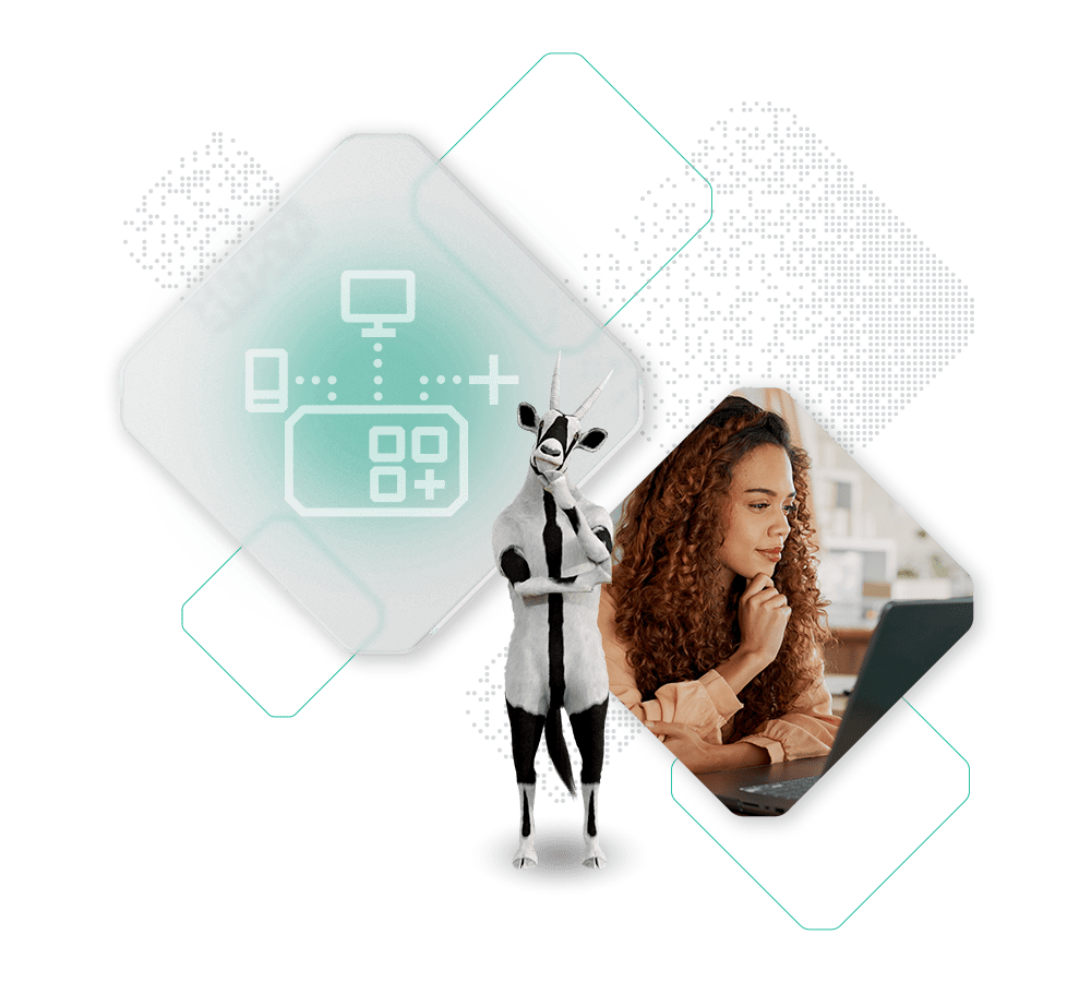 A person works on a laptop while a humanoid goat stands nearby, illustrating how it benefits from the merging of technology and tradition. Digital icons float in the background, symbolizing connectivity.