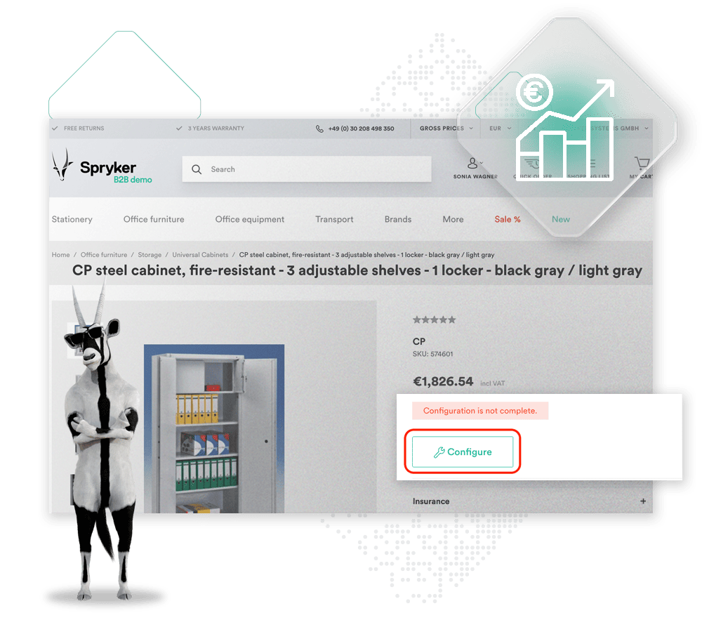 Screenshot of a Spryker B2B demo website featuring office equipment. A CP steel cabinet priced at €1,826.54 is shown, exemplifying the platform's capability of selling complex products. A configuration button highlighted in red prompts that the setup is incomplete.