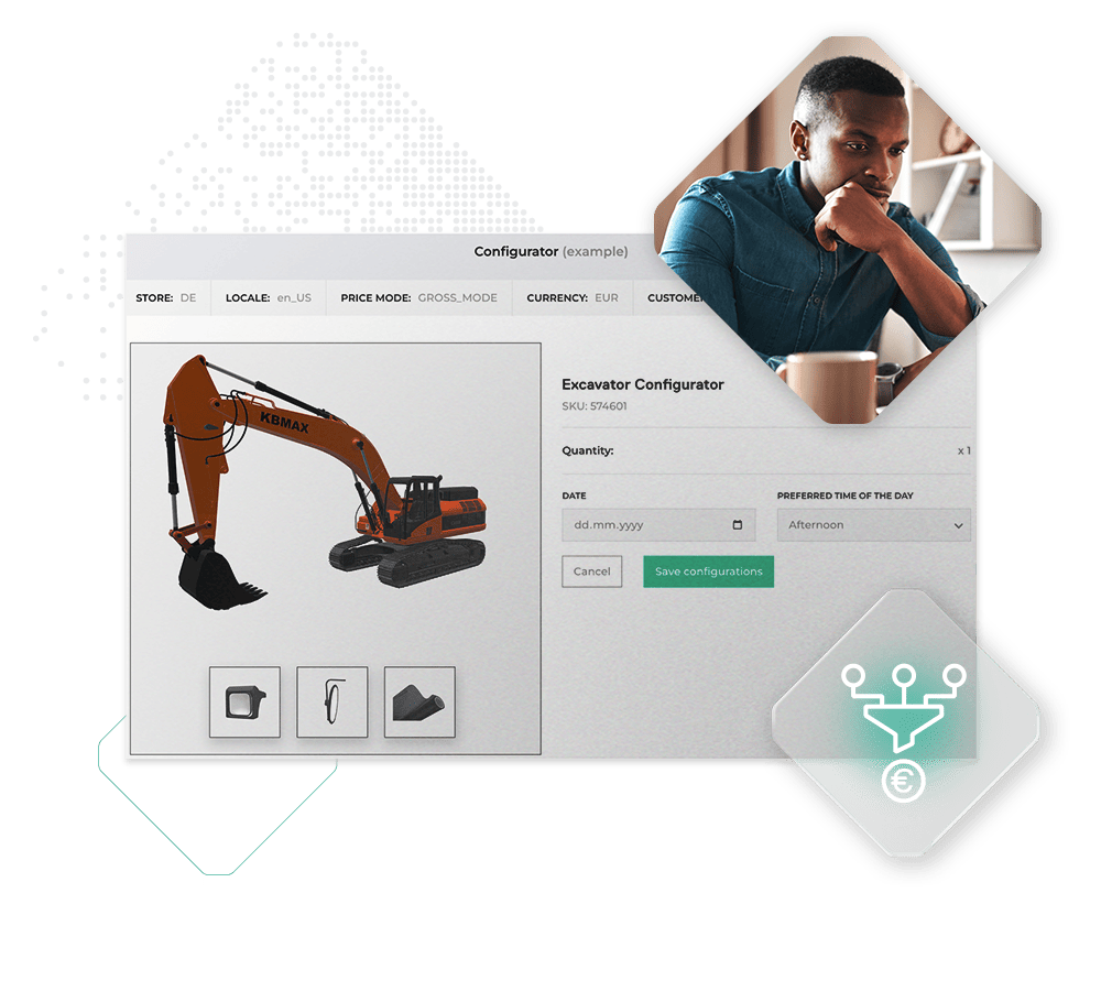 A person viewing an online configurator for an excavator, aimed at selling this complex product, includes options to select quantity, date, time, and additional features. Icons and graphical elements surround the main interface.