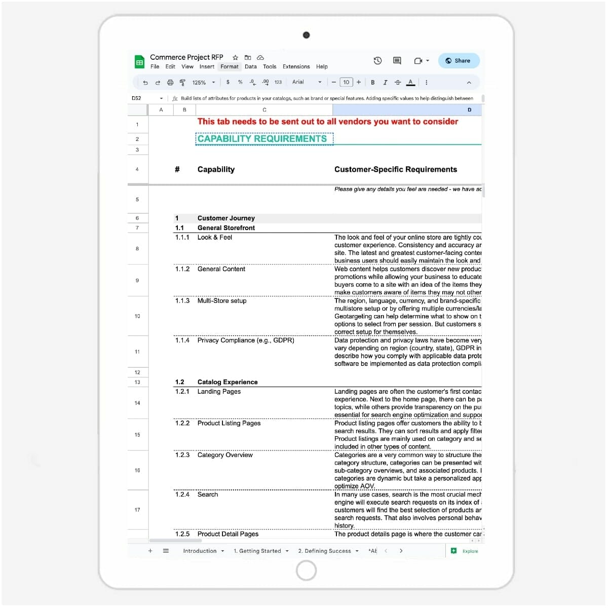 A tablet displaying a document titled "Commerce Project RFP," including a table with columns for "Capability" and "Customer-Specific Requirements." A note above the document instructs sending the tab to vendors. This Commerce RFP template ensures all vendor capabilities align with customer-specific needs.