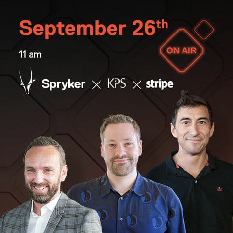 Three men in front of a promotional background featuring the logos of Spryker, KPS, and Stripe for an online event scheduled on September 26th at 11 am. A neon "ON AIR" sign adds a vibrant touch.