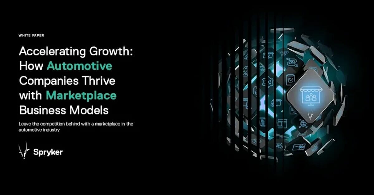 Cover of a white paper by Spryker and AWS titled "Accelerating Growth: How Automotive Companies Thrive with Marketplace Business Models," featuring a digital graphic of automotive icons and a car outline.