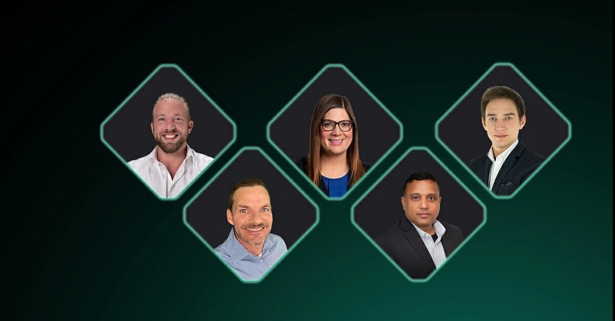 A group image featuring five professionally dressed individuals, each in separate diamond-shaped frames, set against a dark background, showcases the collaboration between Spryker and AWS.
