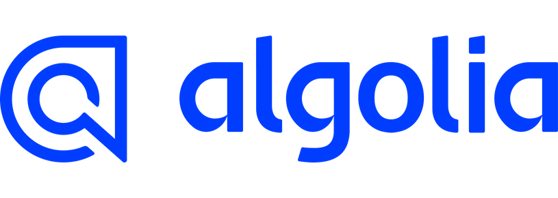 The Algolia logo, showcased during the latest Spryker product release, features a stylized blue magnifying glass icon followed by "algolia" in lowercase blue letters.