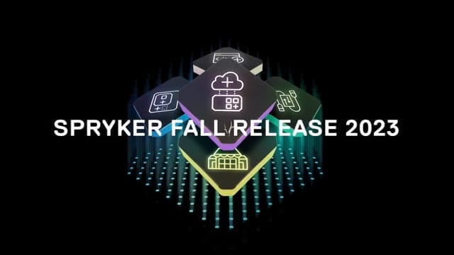 Stacked icons with tech symbols are set against a dark background, with "Spryker Fall Product Release 2023" text overlaid in white.