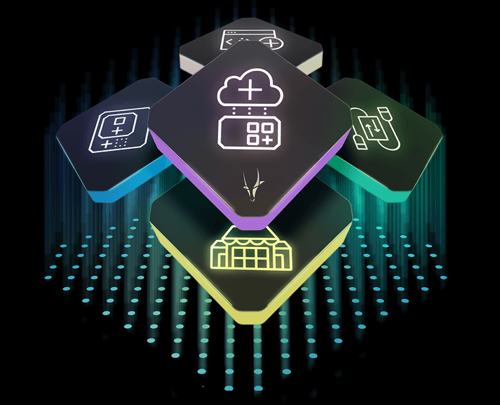 Image of hexagonal tiles with various technological icons, including cloud computing, digital connections, and a marketplace, floating over a background of glowing vertical lines—highlighting the latest Spryker product release.