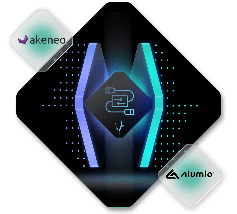 Graphic showcasing a glowing futuristic design with Akeneo and Alumio logos, celebrating the latest Spryker product release. Central icon features interconnected plugs on a dark hexagonal background with light blue and green accents.