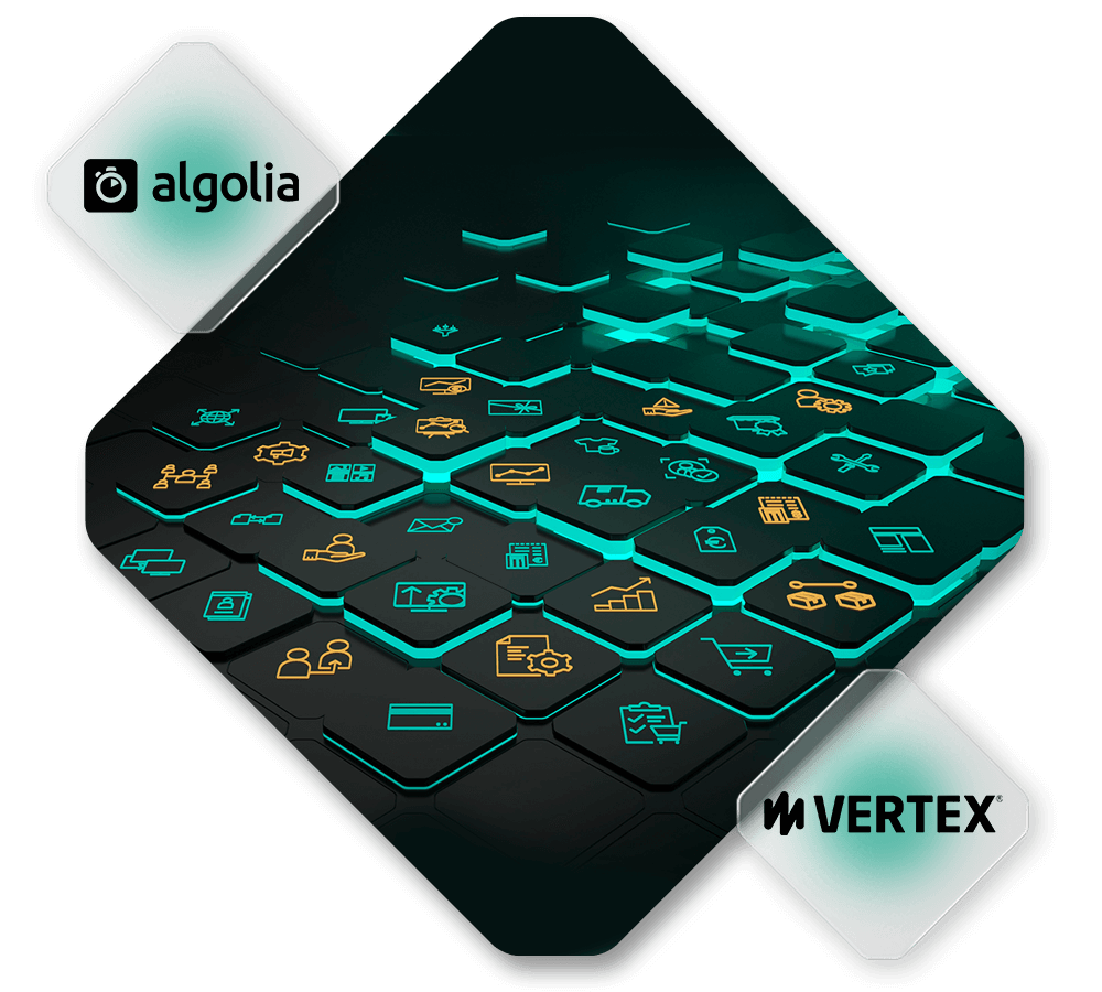 A 3D mesh depicts various industry icons connected by a network of glowing lines, with Algolia and Vertex logos in two corners, spotlighting the latest Spryker product release.