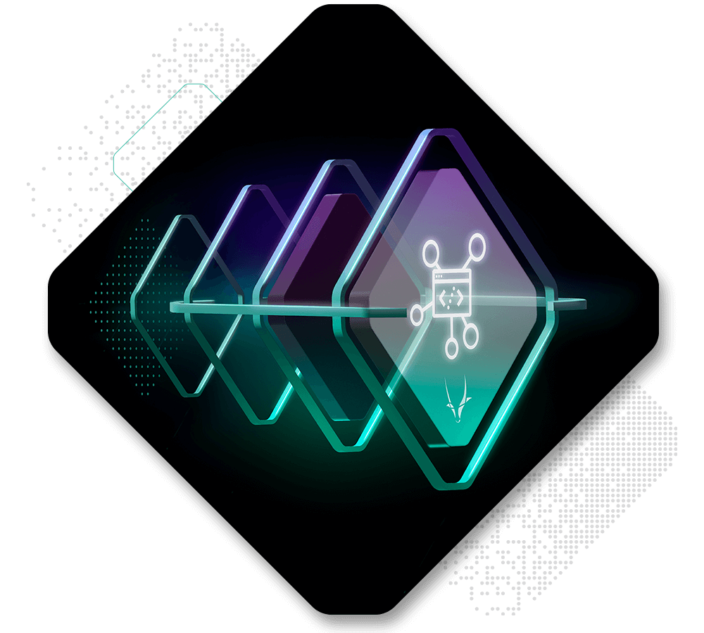 A geometric composition featuring five translucent, glowing blue and purple diamond shapes connected in sequence, highlighted by a spryker product release diagram of a microchip and nodes on the foremost diamond.