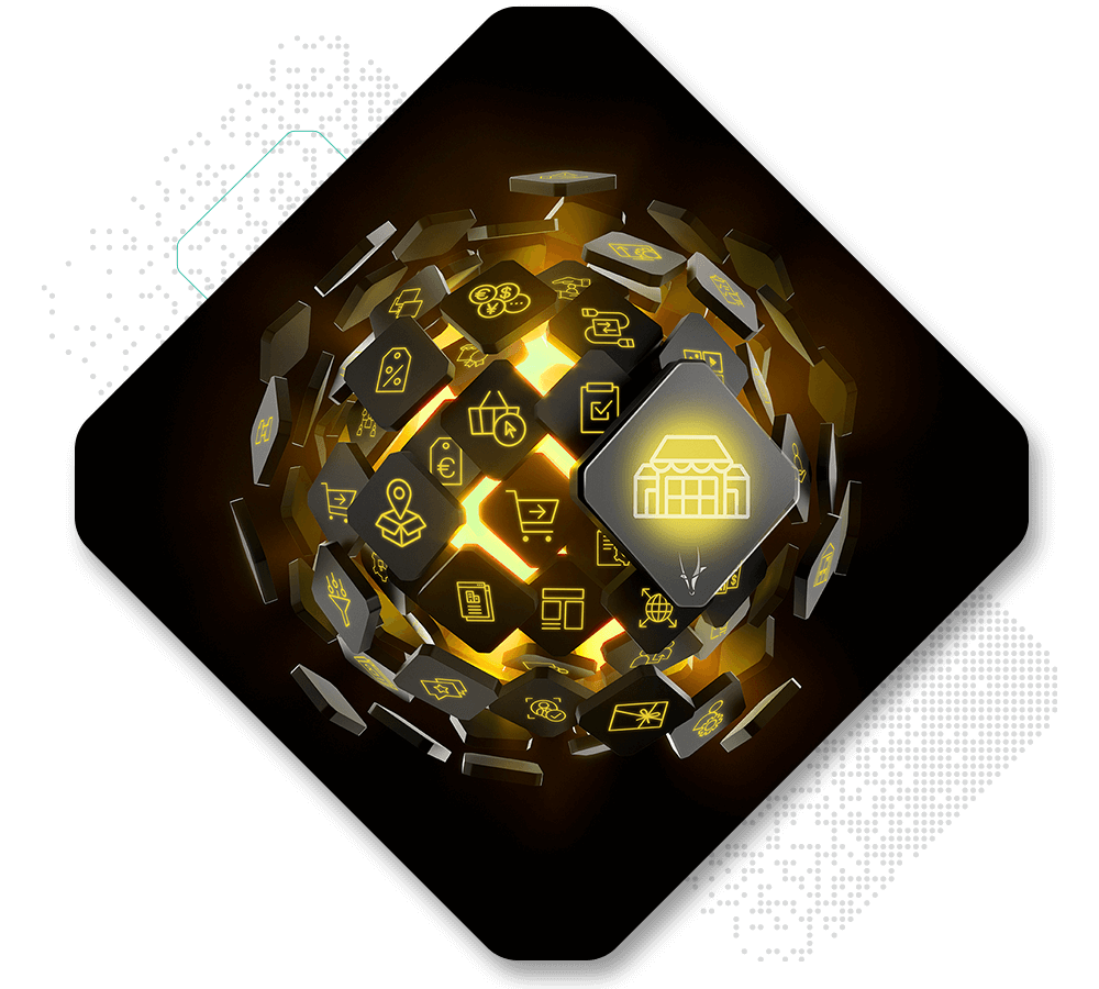 A glowing, spherical digital matrix with interconnected icons displaying various symbols, including a shopping cart, gears, and a magnifying glass, surrounded by abstract dotted patterns—showcasing the latest Spryker product release.