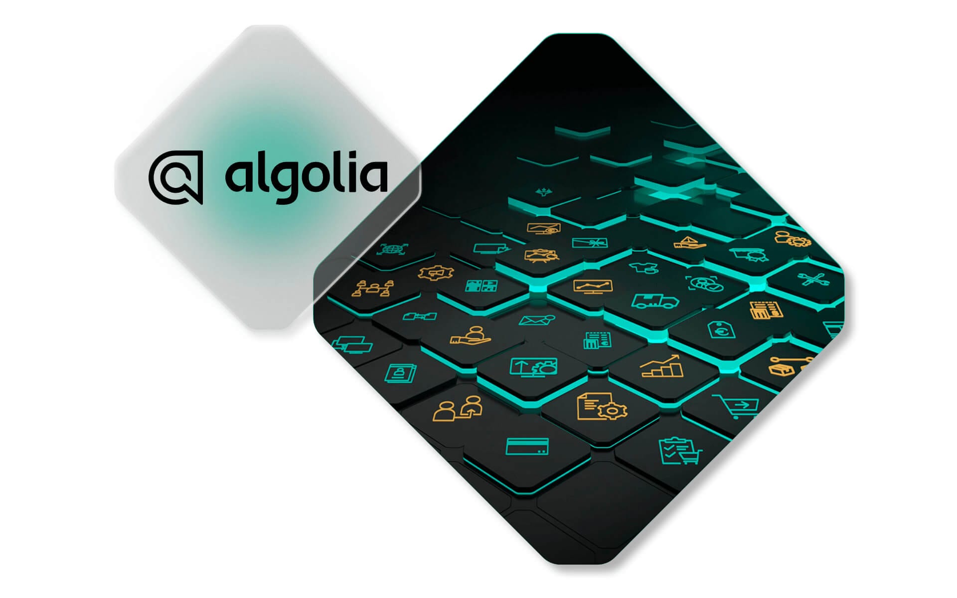 The image features a logo for "Algolia" in a translucent white diamond shape on the left, and colorful icons representing various digital services on a stylized, glowing black keyboard in a dark green diamond shape on the right.