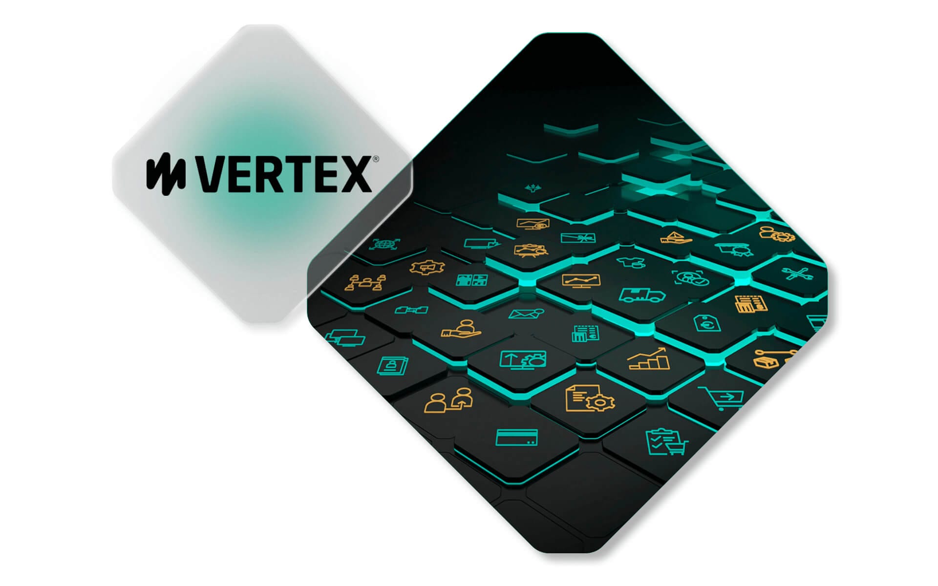 A stylized image showing the Vertex logo on a diamond-shaped background next to a larger diamond shape displaying an array of futuristic, glowing icons related to technology and business. The icons are arranged on a grid of illuminated hexagonal tiles.