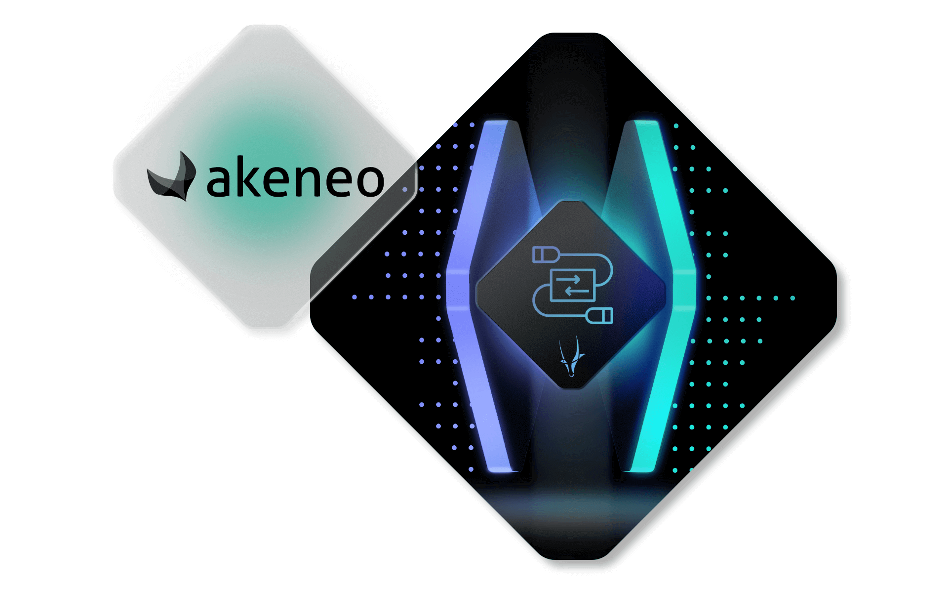 A stylized logo featuring abstract designs with blue and black hues, accompanied by the text "akeneo" on a diamond-shaped background, reminiscent of a Spryker product release.