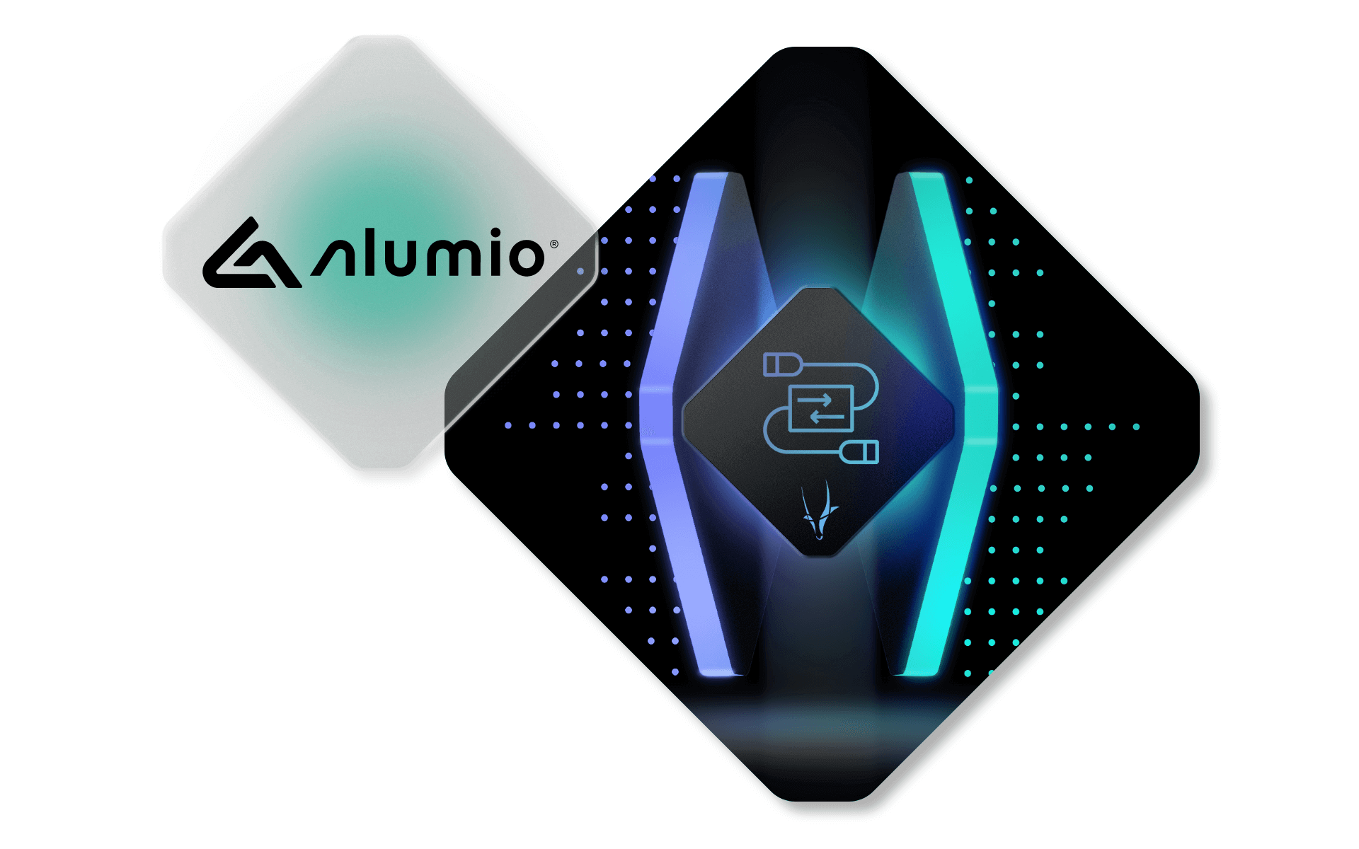 A digital graphic displaying Alumio's logo and an abstract design featuring neon lights and interconnected lines, symbolizing data integration, subtly alludes to the latest Spryker product release.