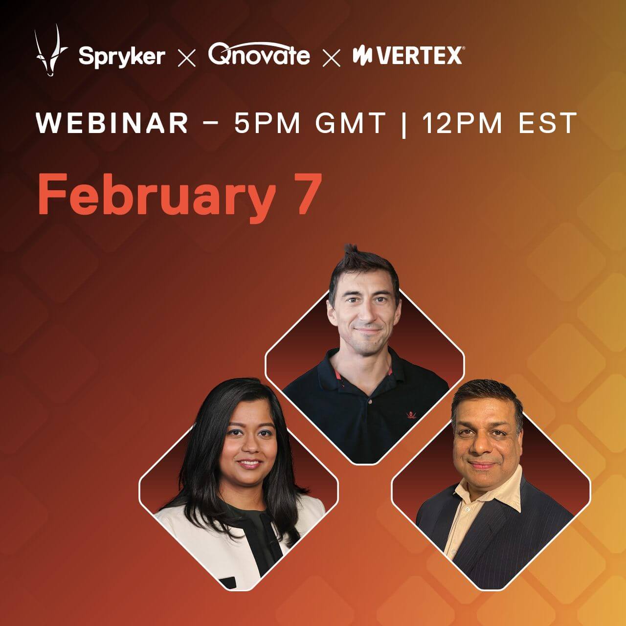 A promotional image for a webinar by Spryker, Qnovate, and Vertex scheduled for February 7 at 5 PM GMT / 12 PM EST. The image features three speakers: a woman and two men, each pictured in separate small circles against an orange gradient background.
