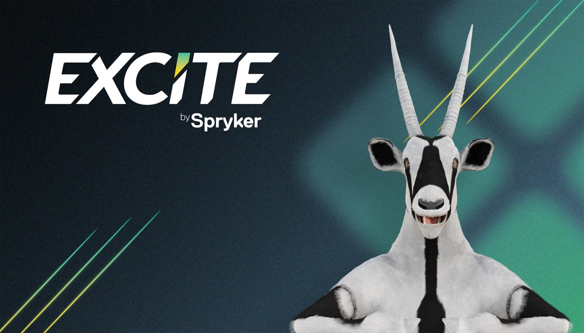 A goat sporting a tuxedo and a wide grin stands against a dark backdrop, where vibrant lines frame the text "Spryker EXCITE 2025" with flair.