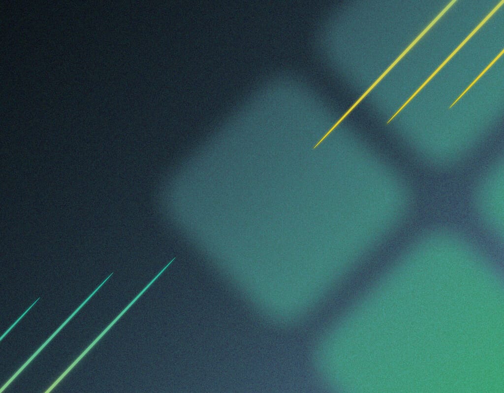 Abstract image with a blurred grid pattern and diagonal lines in shades of teal and yellow on a dark background, reminiscent of the dynamic energy anticipated at Spryker EXCITE 2024.