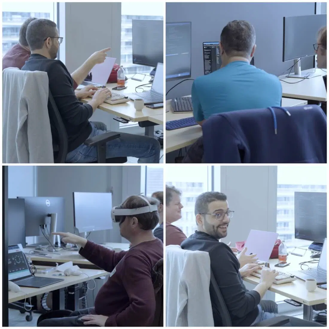 A collage of four images showing people working in an office. Top-left: Two individuals at computers discussing something on the screen. Top-right: Two people viewed from behind, concentrating on their monitors. Bottom-left: A person wearing VR goggles gesturing at a screen. Bottom-right: A person smiling at the camera while holding a pink paper and sitting at a desk.